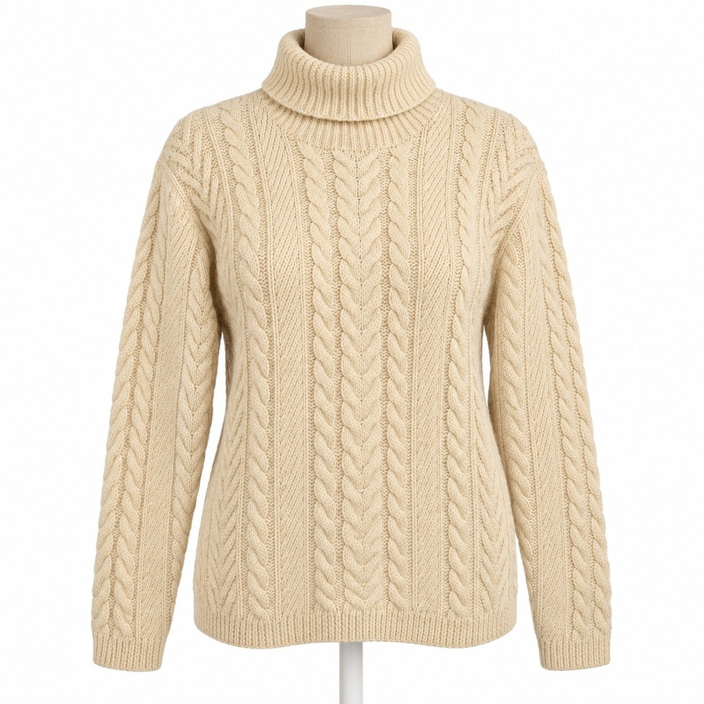 Lauren Ralph Lauren 100% Wool Turtleneck Sweater Sz L Cream Cable Knit Fisherman